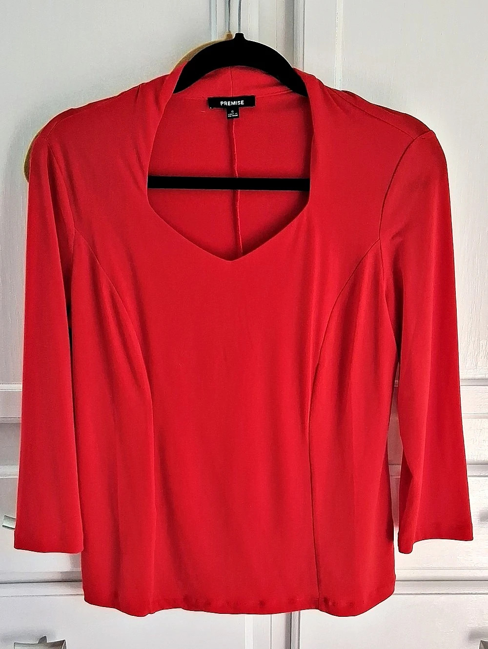 Premise Red Sweetheart Neckline Long Sleeve Top